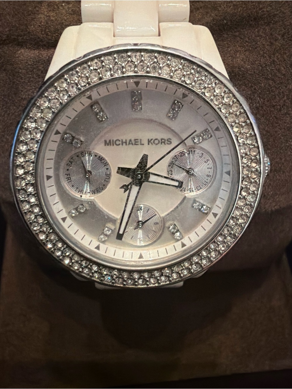NIB Michael Kors White Ceramic Bracelet Watch with Crystal-Studded Silver Bezel